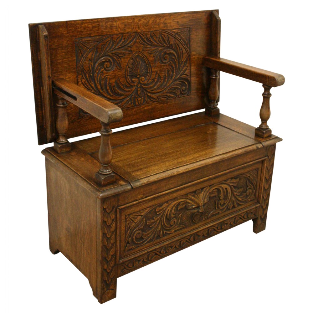 Carved Oak Monks Bench