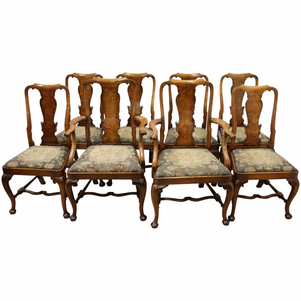 Set of 8 Queen Anne Style Walnut Dining Chairs