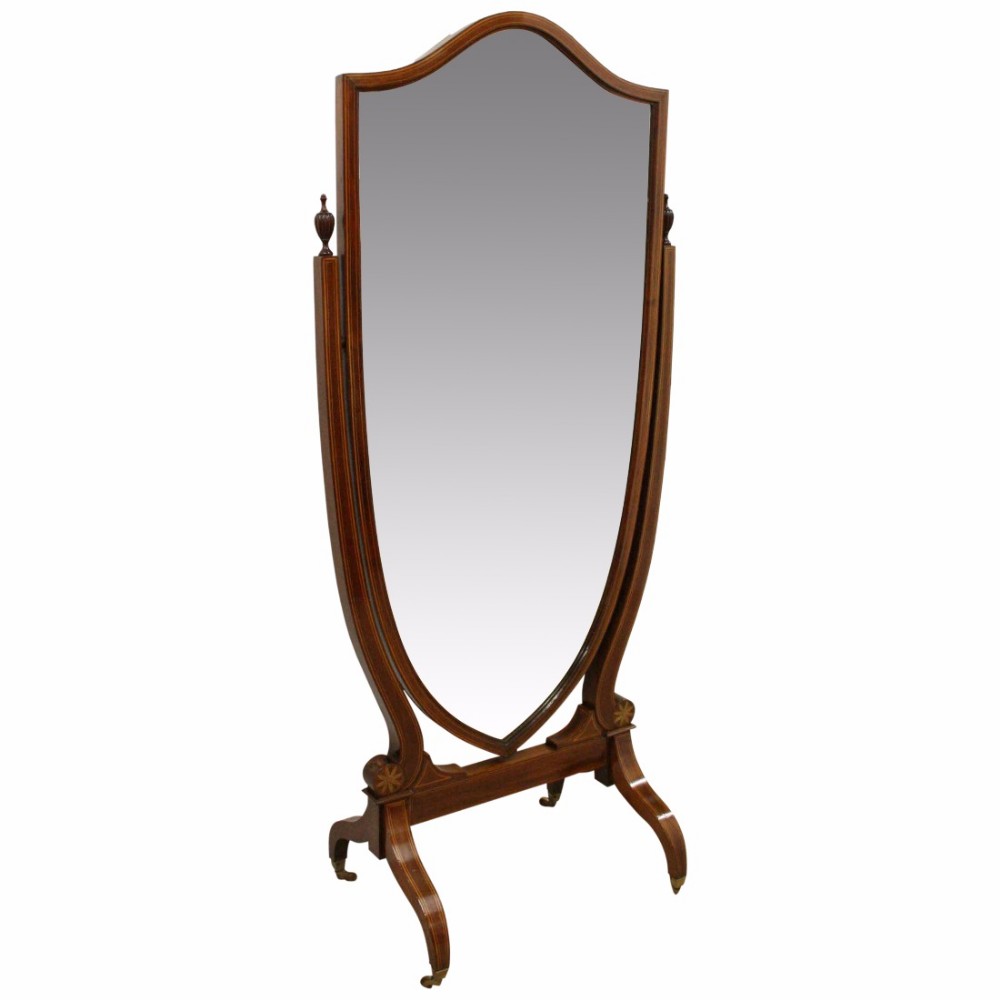 Edwardian Sheraton Style Mahogany Inlaid Cheval Mirror