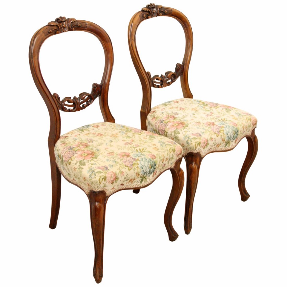 Pair of Victorian Carved Walnut Back Chairs. 