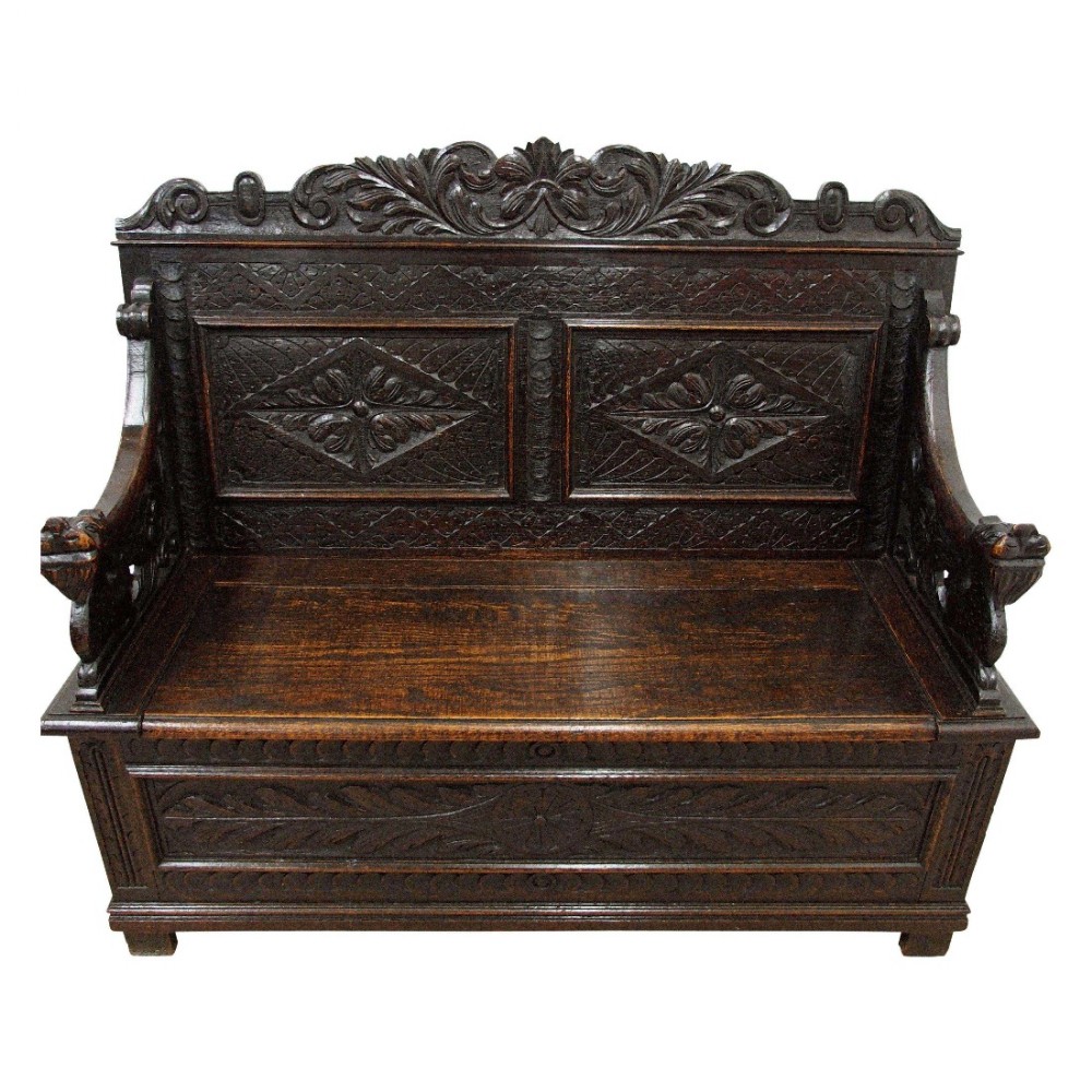 Jacobean Style Carved Oak Hall Bench