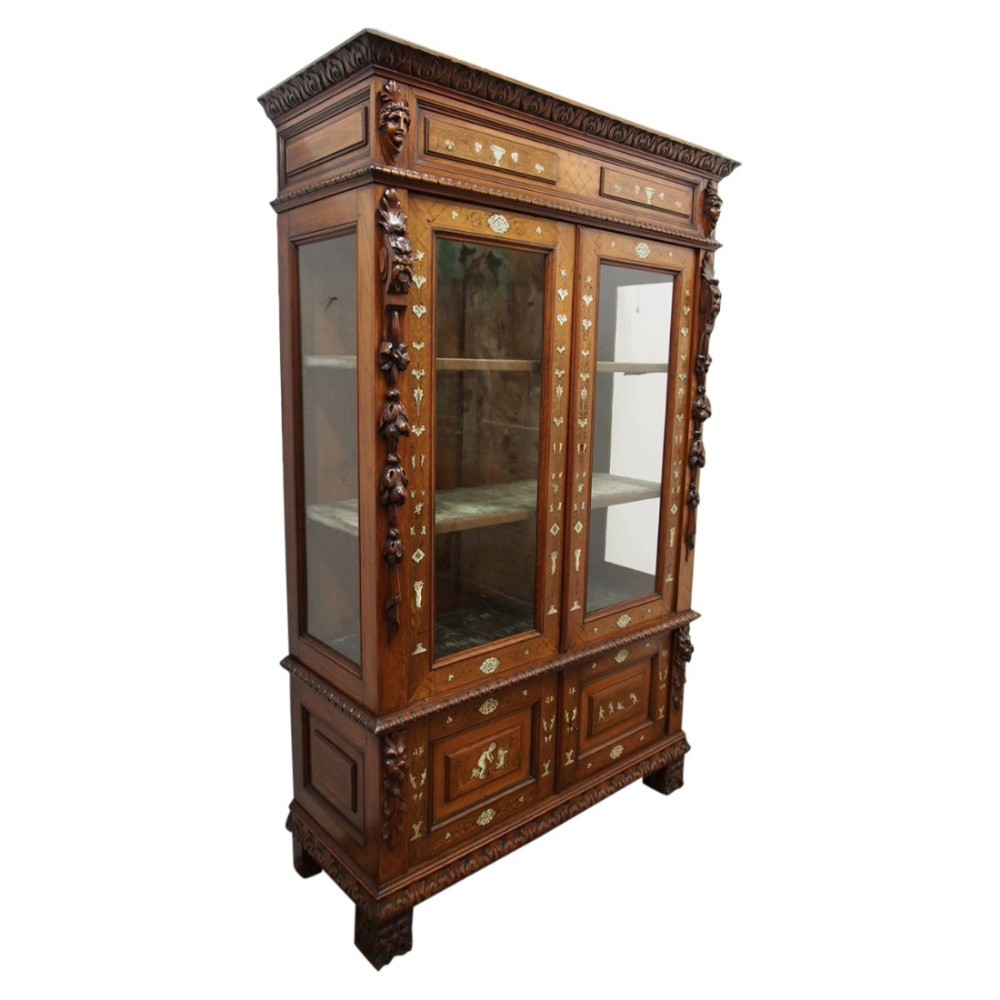 Italian Inlaid Walnut Display Cabinet or Bookcase