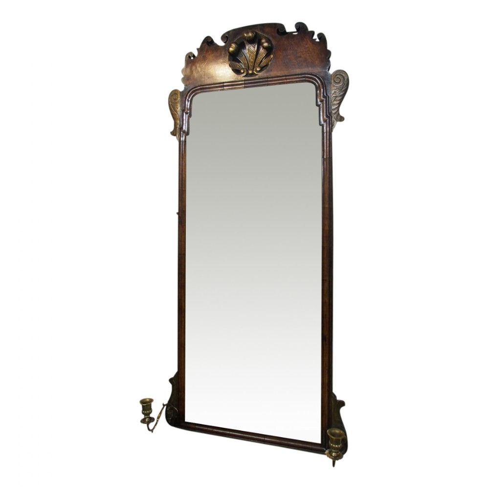 George I Walnut Mirror with Brass Sconces