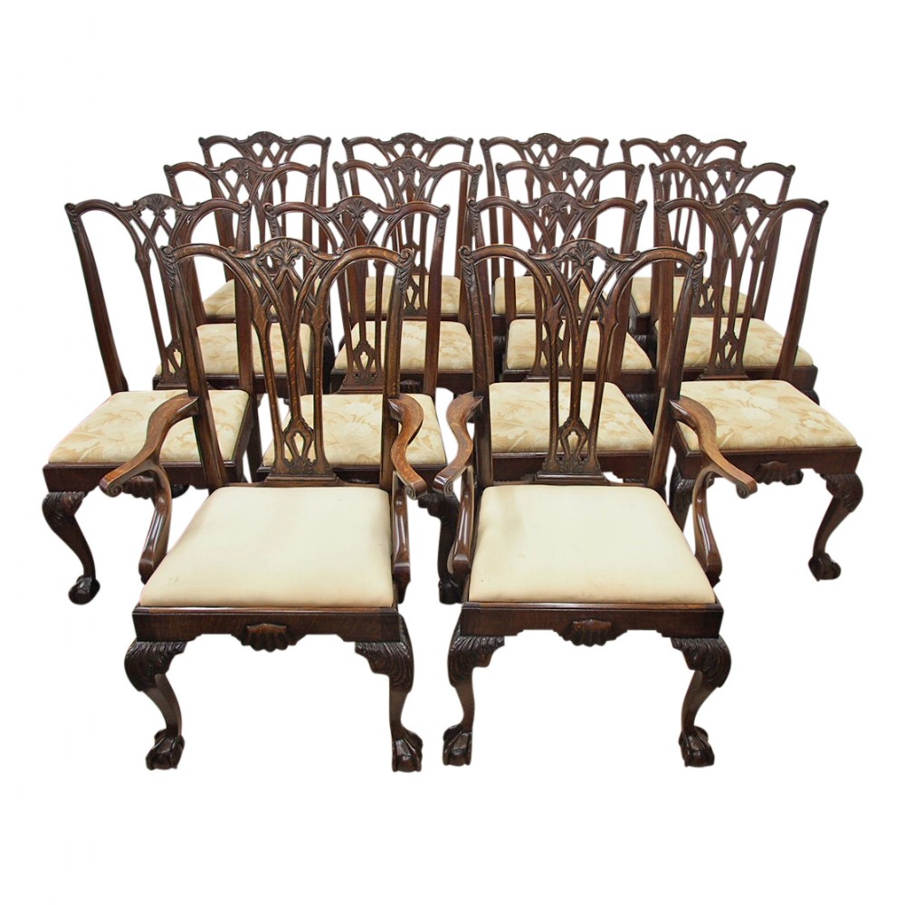 Set of 14 Oak Chippendale Dining Chairs
