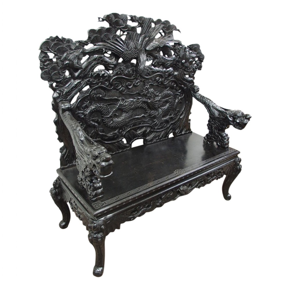 Japanese Carved and Ebonised Hall Bench