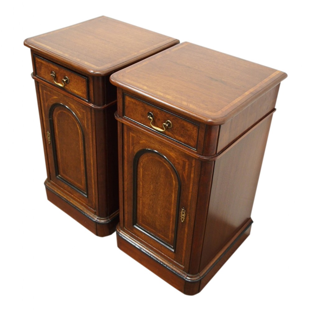 Unusually Large Pair of Victorian Inlaid Walnut Bedsides