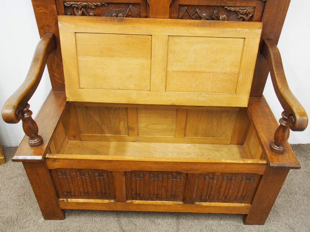Carved Golden Oak Hall Bench View III