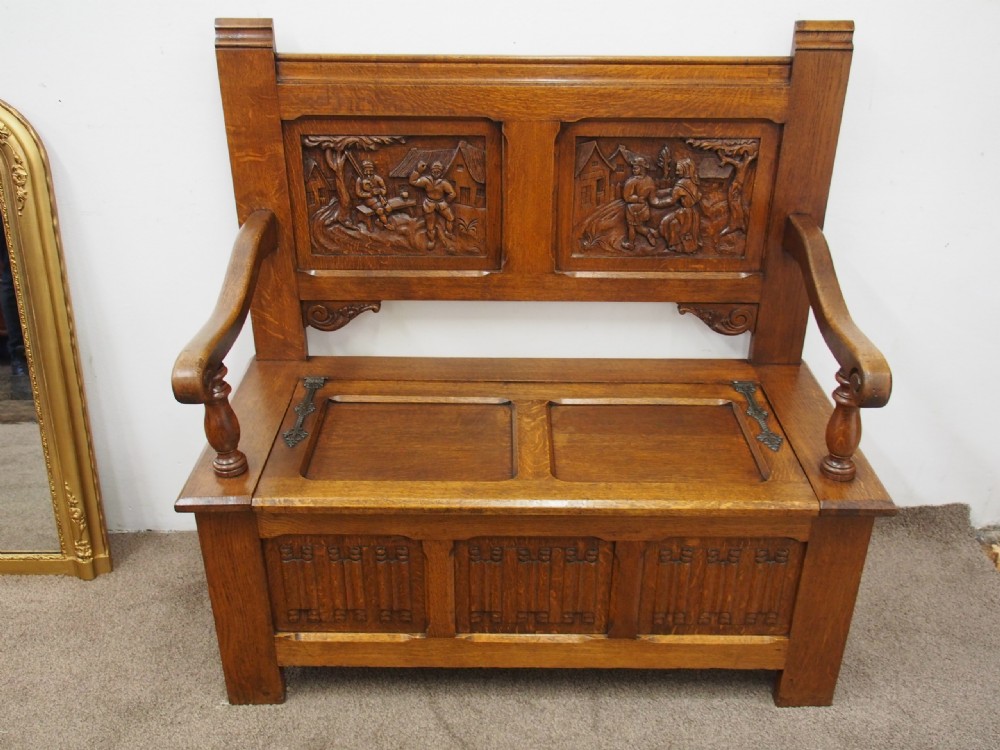 Carved Golden Oak Hall Bench View IV