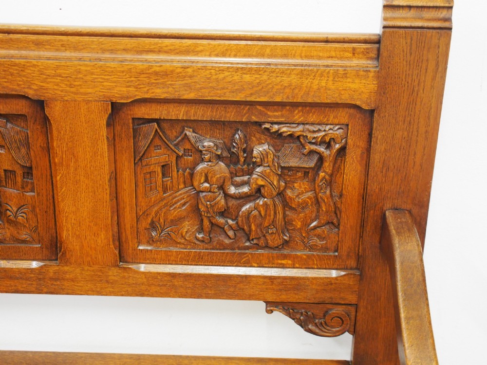 Carved Golden Oak Hall Bench View V