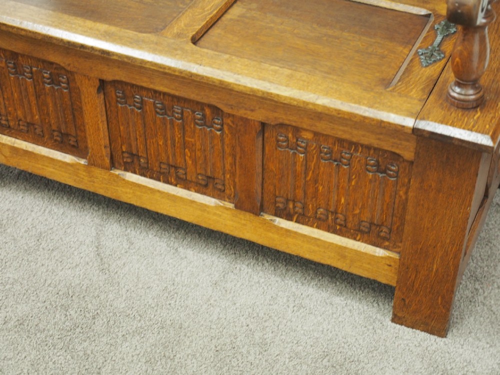 Carved Golden Oak Hall Bench View VII