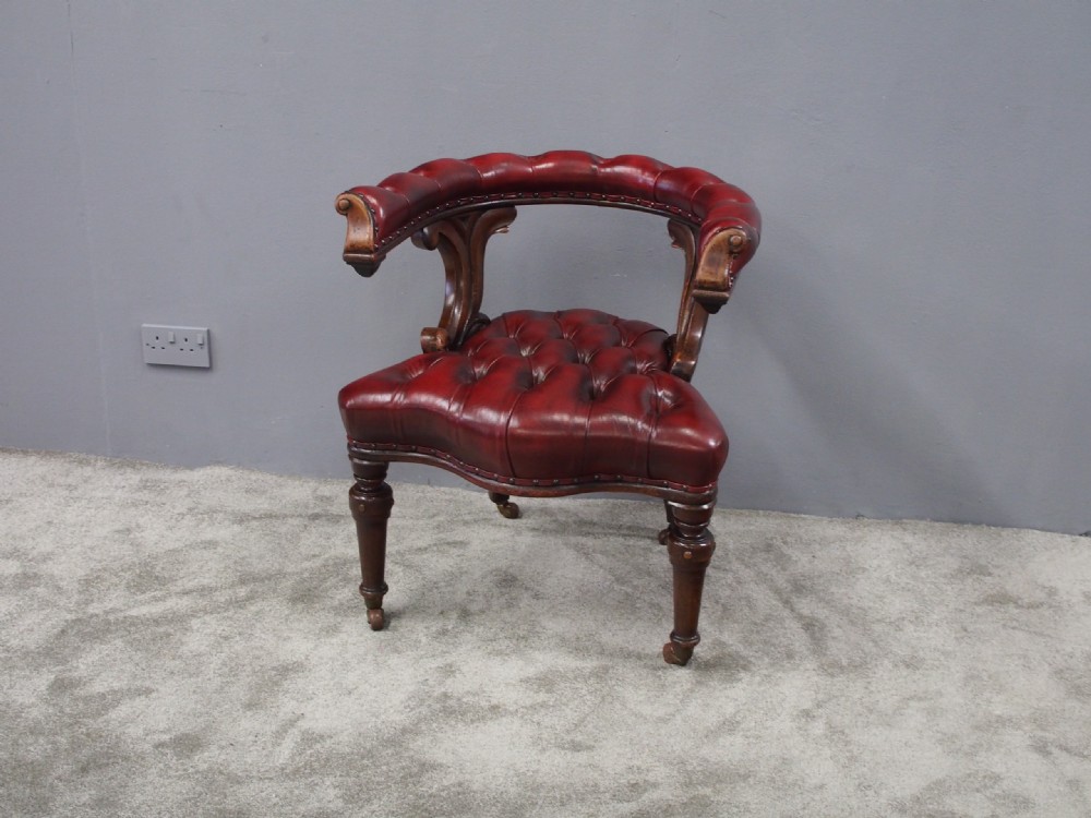 Oak and Burgundy Leather Horseshoe Captains Chair View III