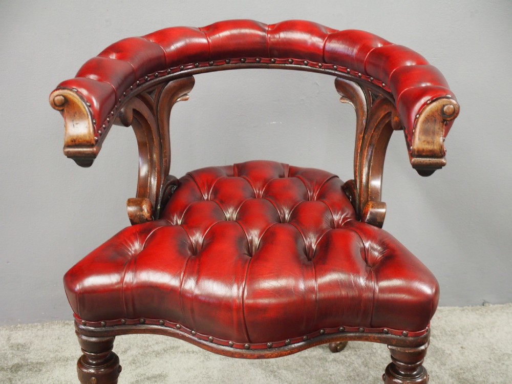 Oak and Burgundy Leather Horseshoe Captains Chair View V