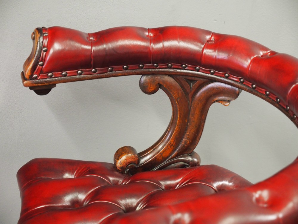 Oak and Burgundy Leather Horseshoe Captains Chair View VII