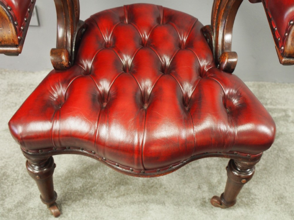 Oak and Burgundy Leather Horseshoe Captains Chair View VIII