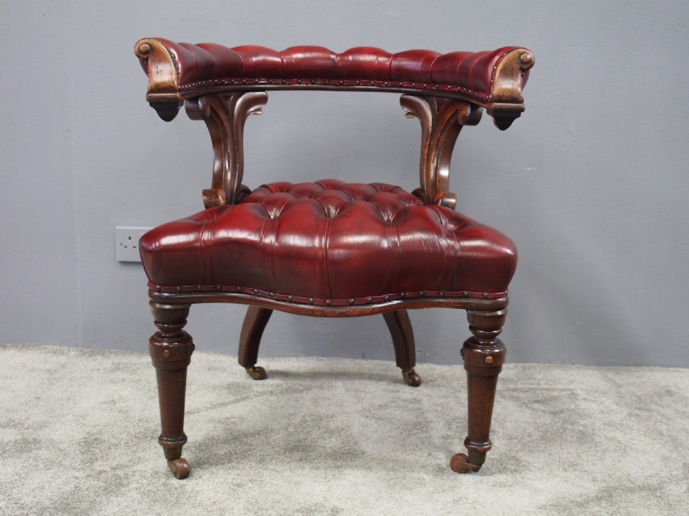 Oak and Burgundy Leather Horseshoe Captains Chair View XI