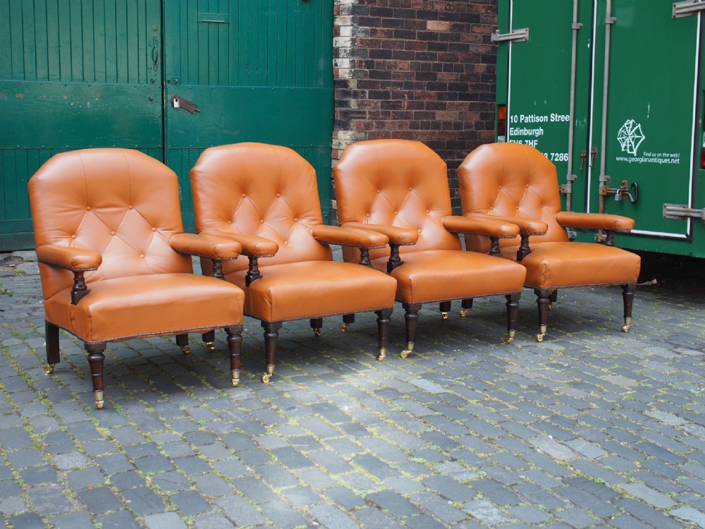 Set of 4 Mahogany and Tan Leather Library Chairs View III