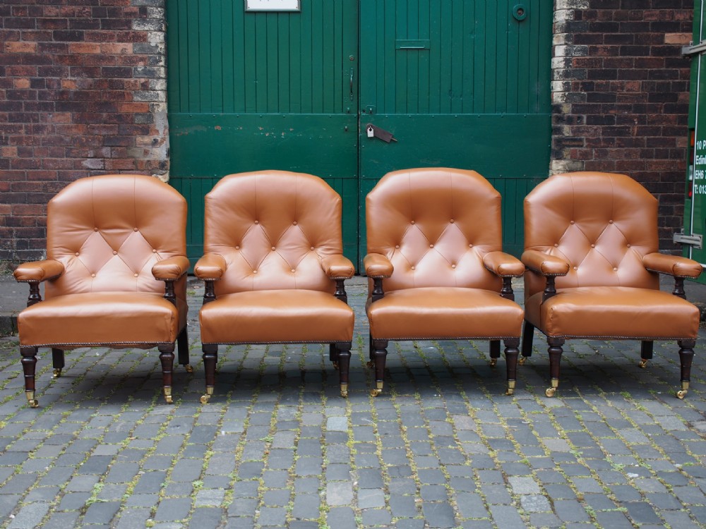 Set of 4 Mahogany and Tan Leather Library Chairs View V