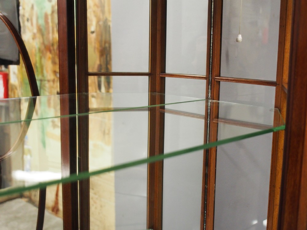 A Sheraton style bowfront display cabinet crafted from warm wood with floral painted swags, oval astragal glazed doors, and glass shelving. View XV