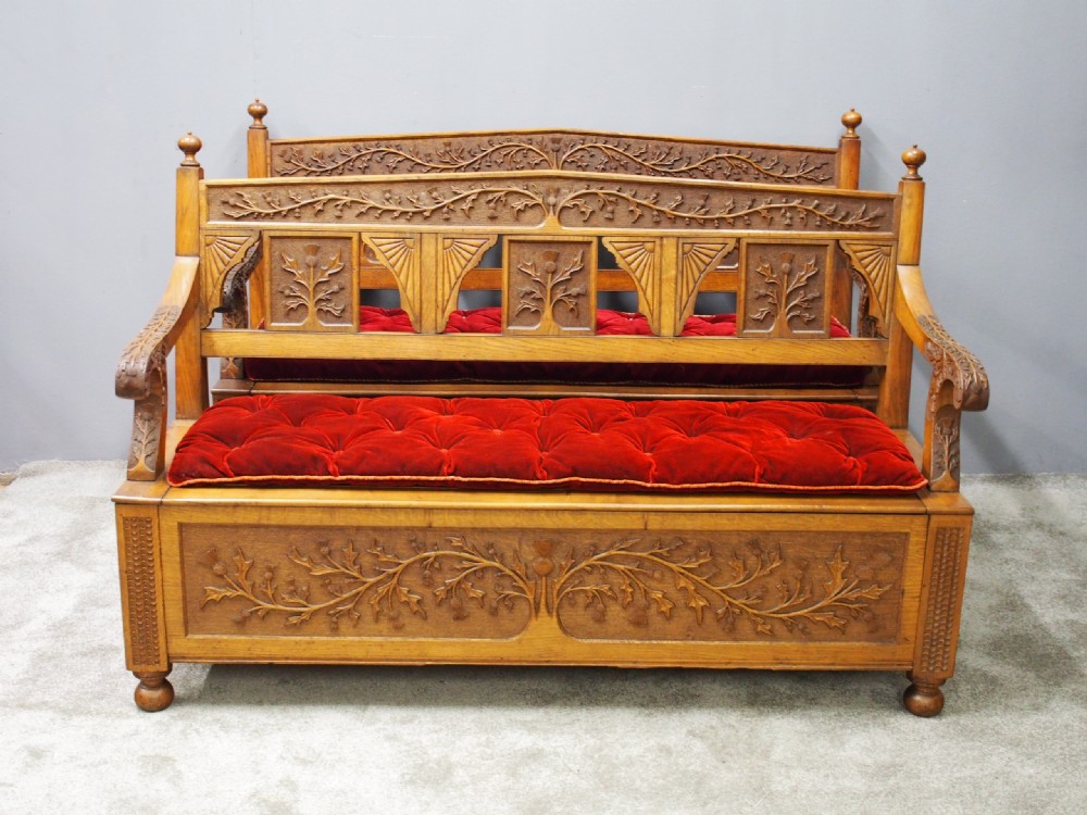 Pair of Scottish Oak Hall Benches from Skibo Castle View VI