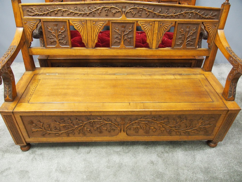 Pair of Scottish Oak Hall Benches from Skibo Castle View VIII