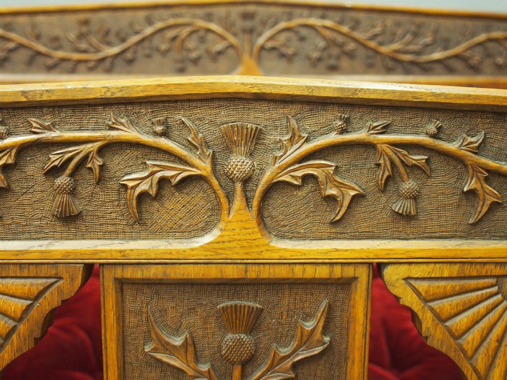 Pair of Scottish Oak Hall Benches from Skibo Castle View X