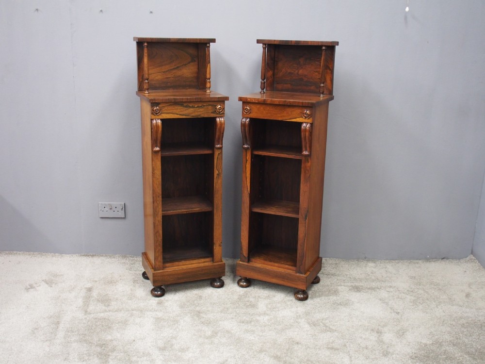 A pair of narrow George IV rosewood open bookcases featuring carved rosettes, turned columns, and bun feet. View II