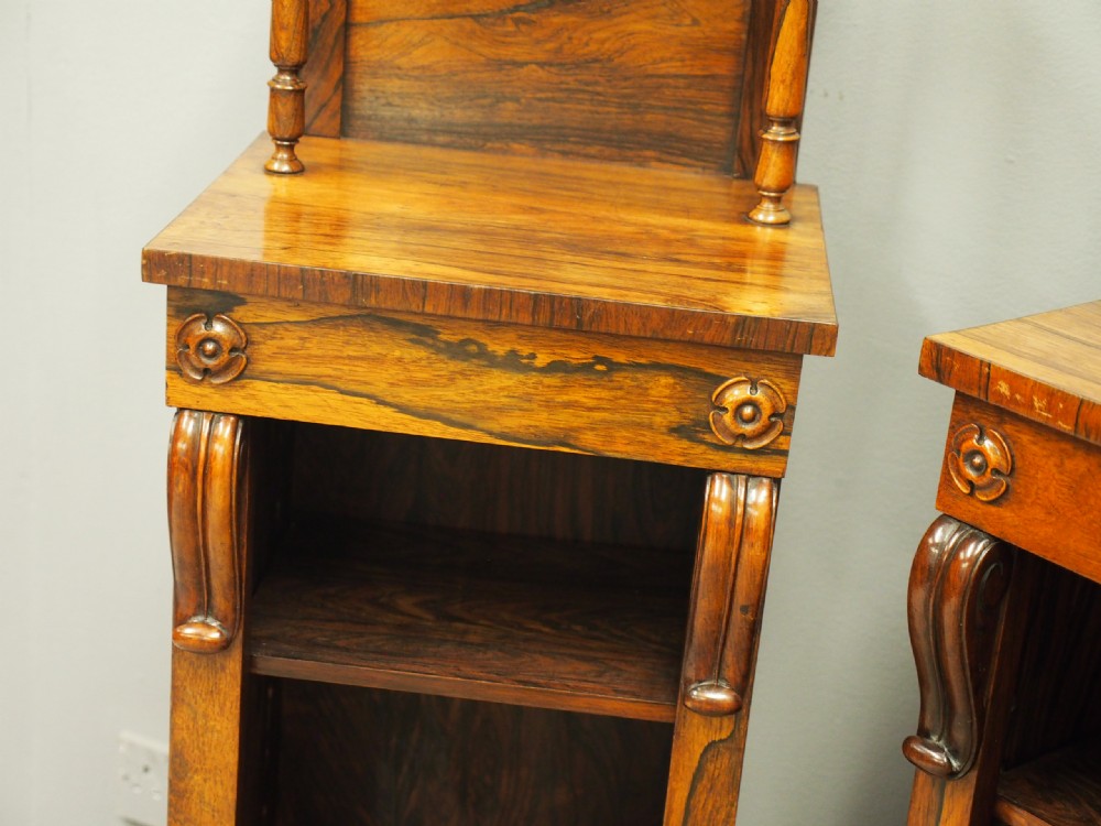 A pair of narrow George IV rosewood open bookcases featuring carved rosettes, turned columns, and bun feet. View IV