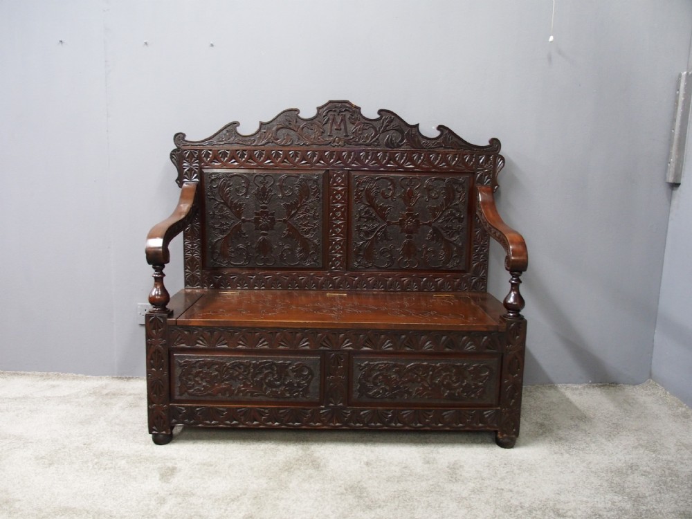 Victorian Carved Walnut Hall Bench View II