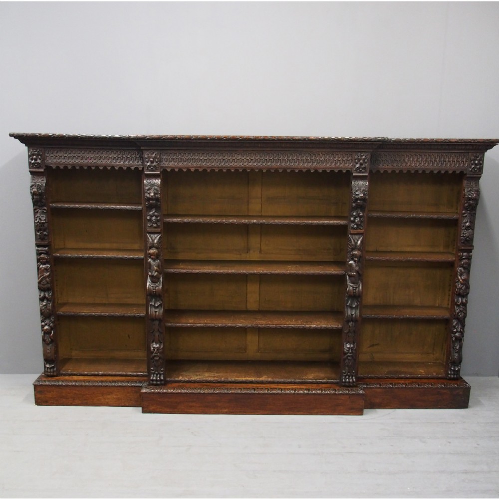 Flemish Carved Oak Breakfront Open Bookcase