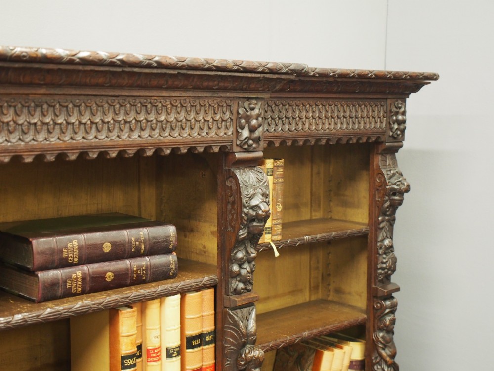 Flemish Carved Oak Breakfront Open Bookcase View IV