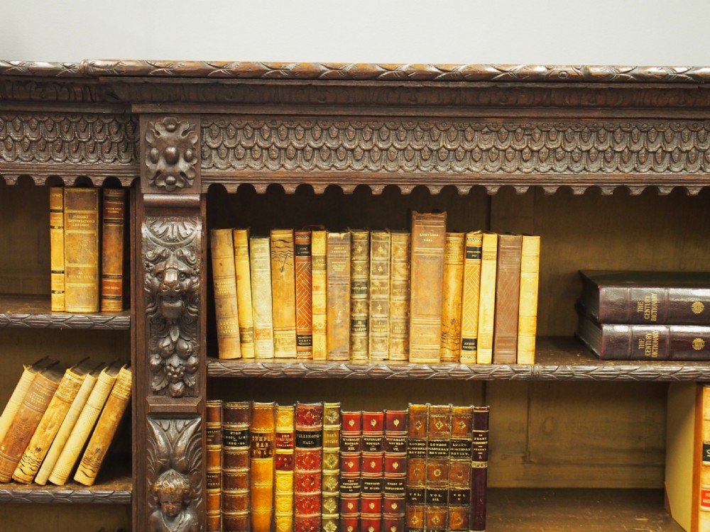 Flemish Carved Oak Breakfront Open Bookcase View V