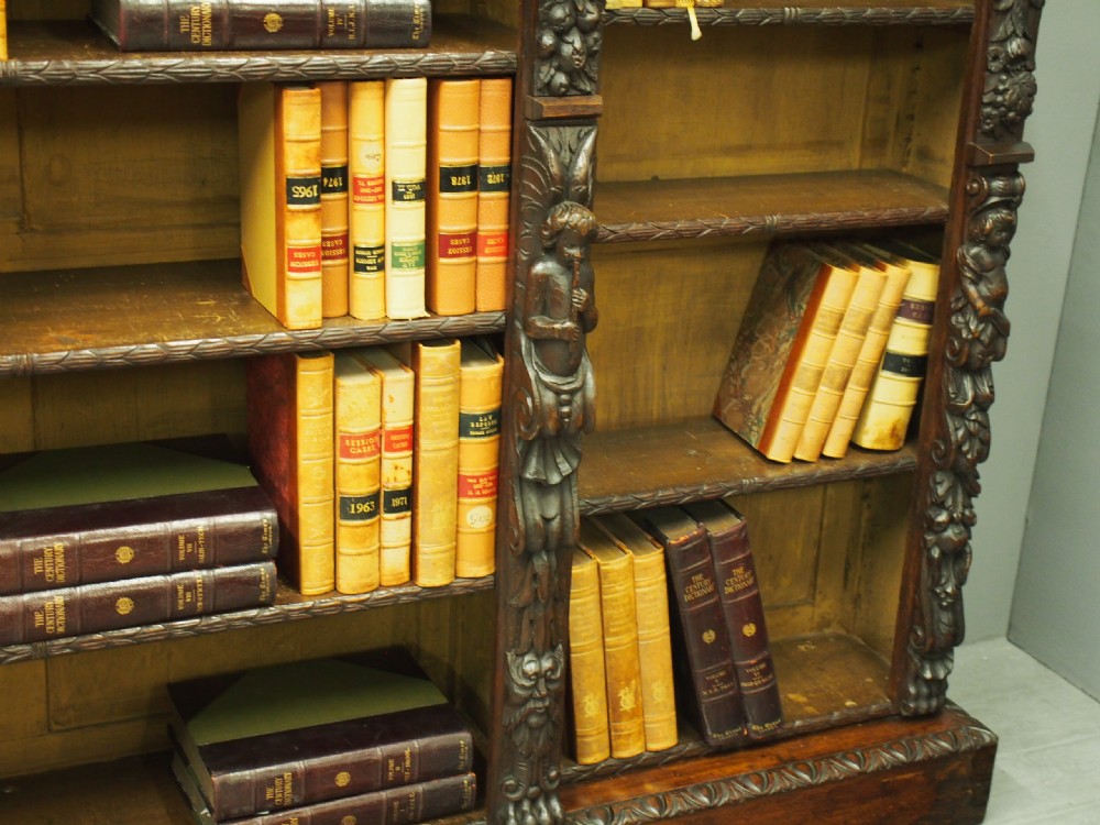 Flemish Carved Oak Breakfront Open Bookcase View VII