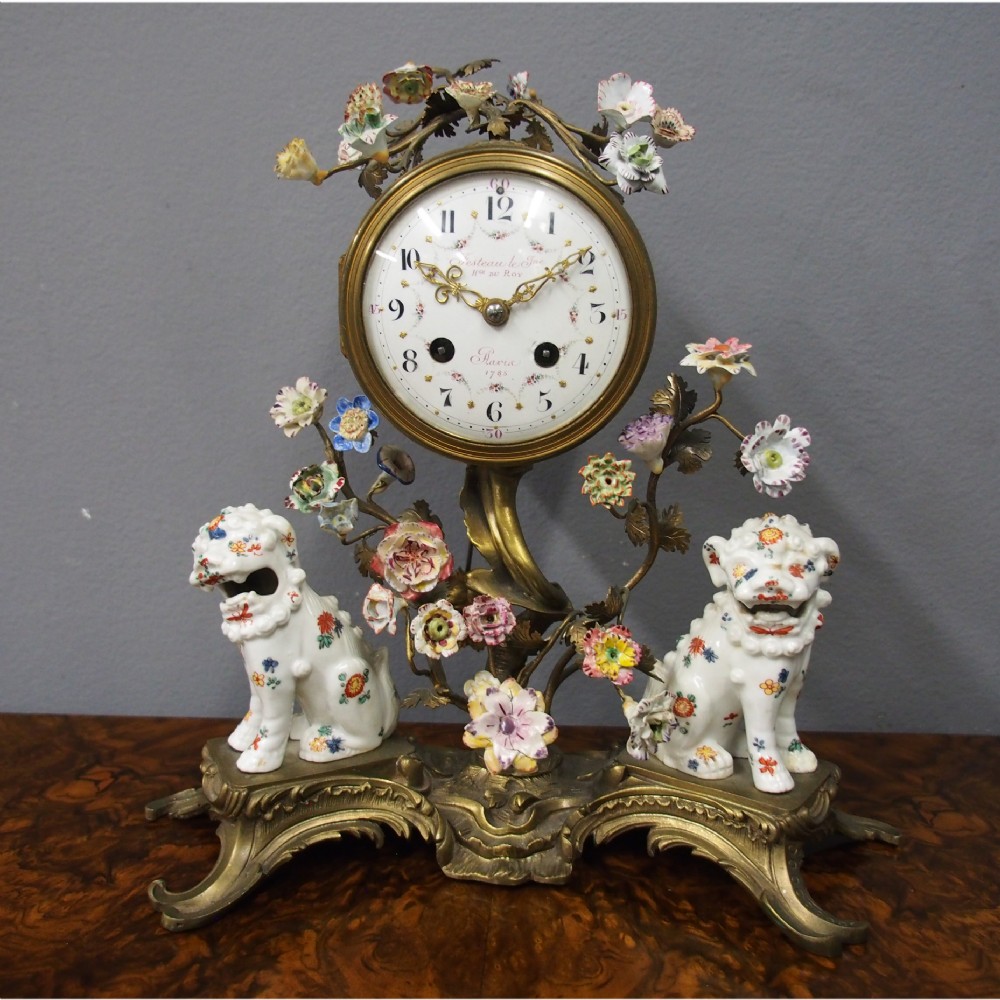 French Chinoiserie Brass and Porcelain Mantel Clock