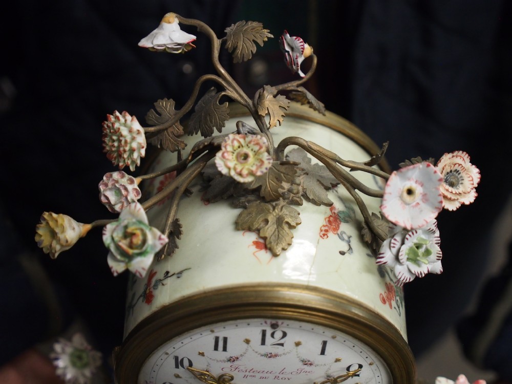French Chinoiserie Brass and Porcelain Mantel Clock View V
