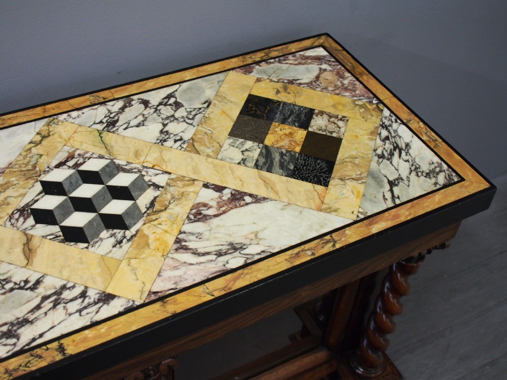 A dark William IV rosewood side cabinet featuring a geometric specimen marble top, barley twist support columns, and two glass door panels. View VIII