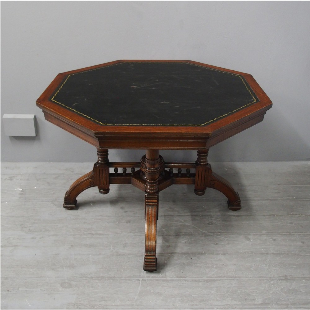 Oak Leather Top Octagonal Table