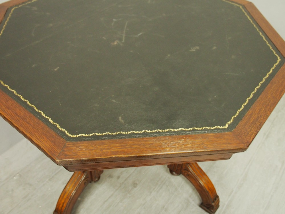 Oak Leather Top Octagonal Table View III
