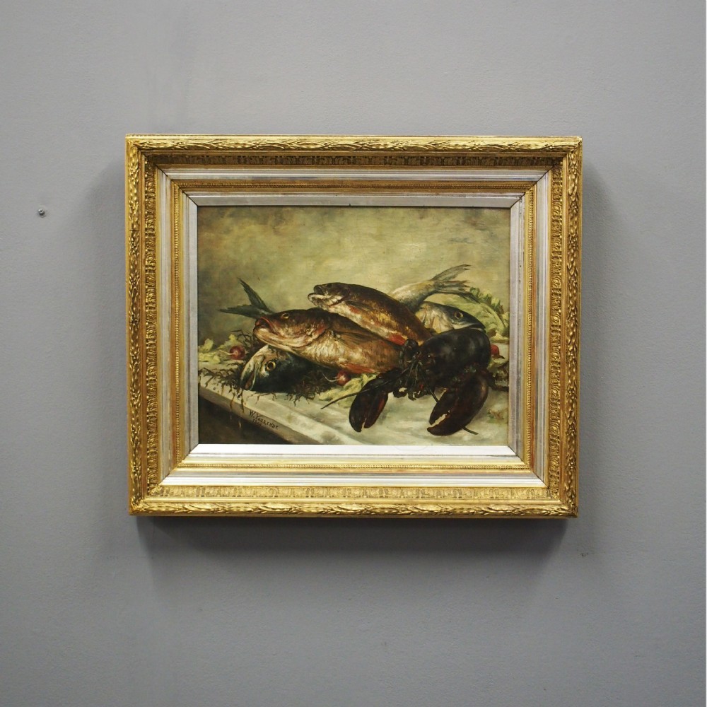 Dutch Oil Painting of Fish and Lobster by W. Voorendt