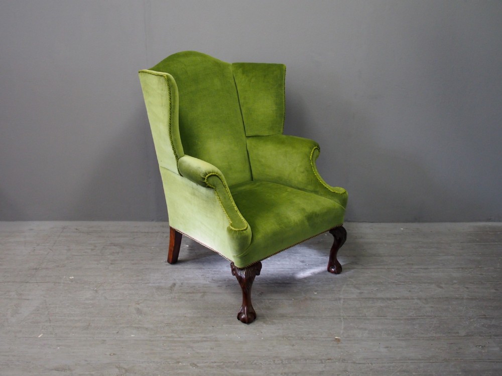 George III Style Green Velvet Wing Chair View III