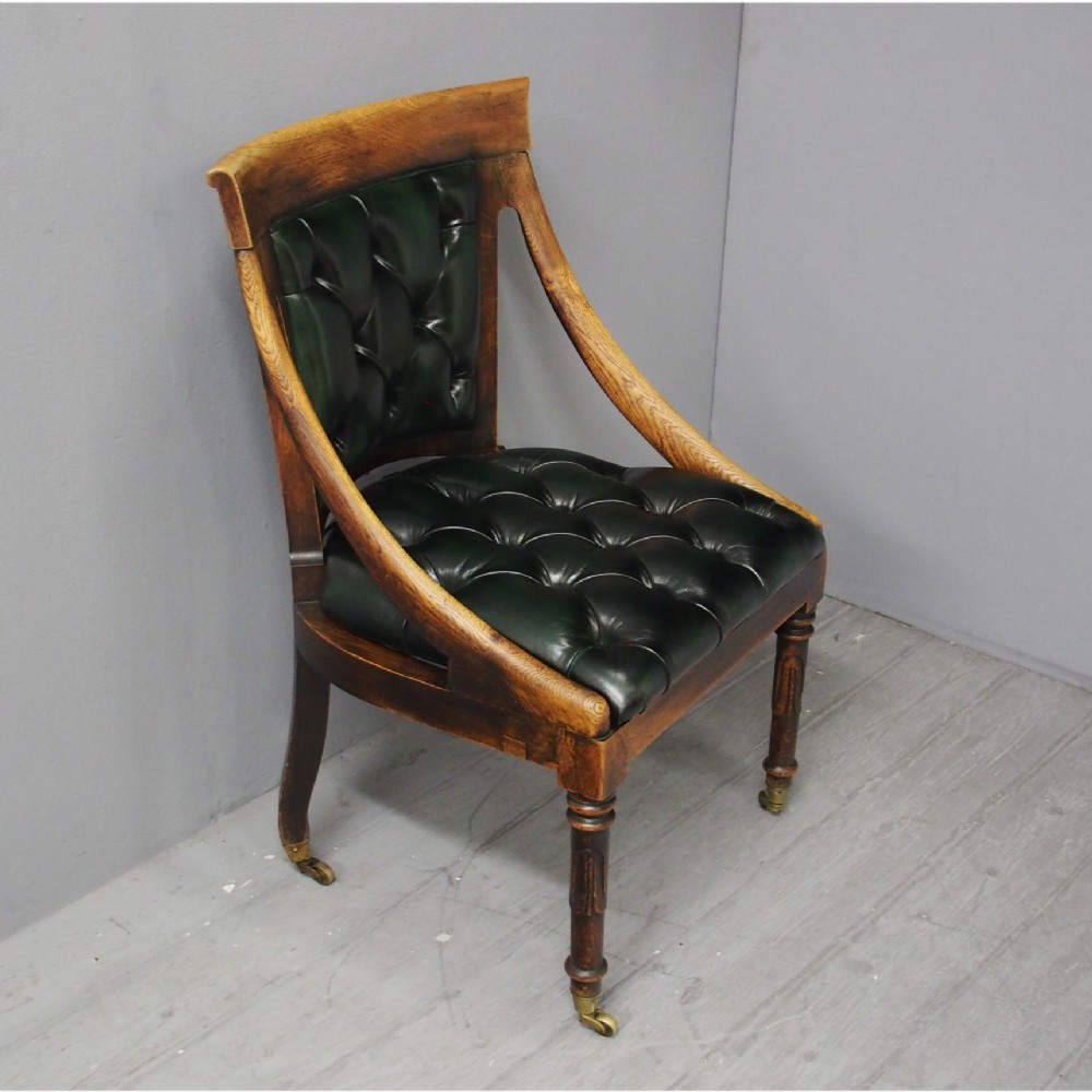 Georgian IV Oak and Green Leather Library Chair