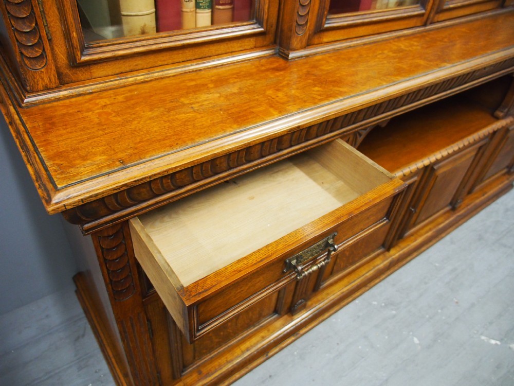 Late Victorian Oak Breakfront Bookcase View XII