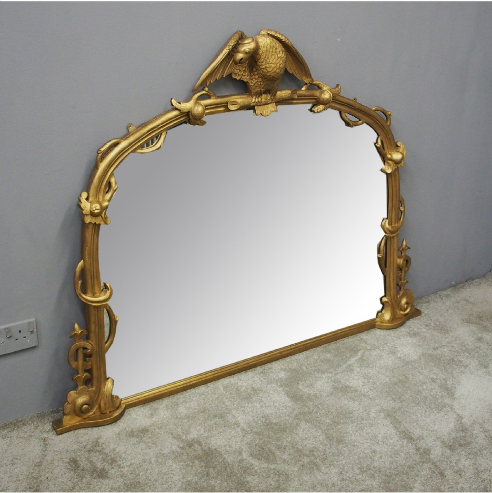 Carved Giltwood Bird Design Overmantel Mirror