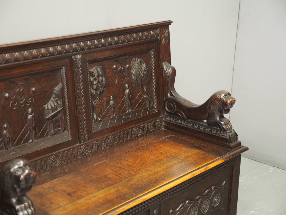 Victorian Carved Oak Hall Bench View IV
