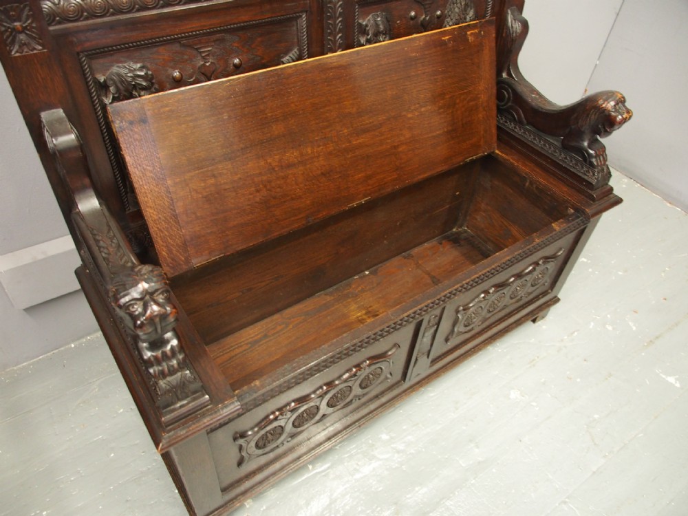 Victorian Carved Oak Hall Bench View XIII