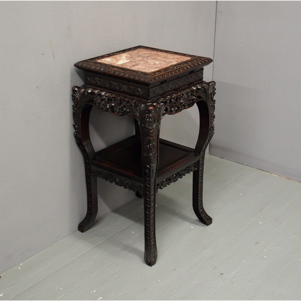 Chinese Carved Hardwood and Marble Plant Stand