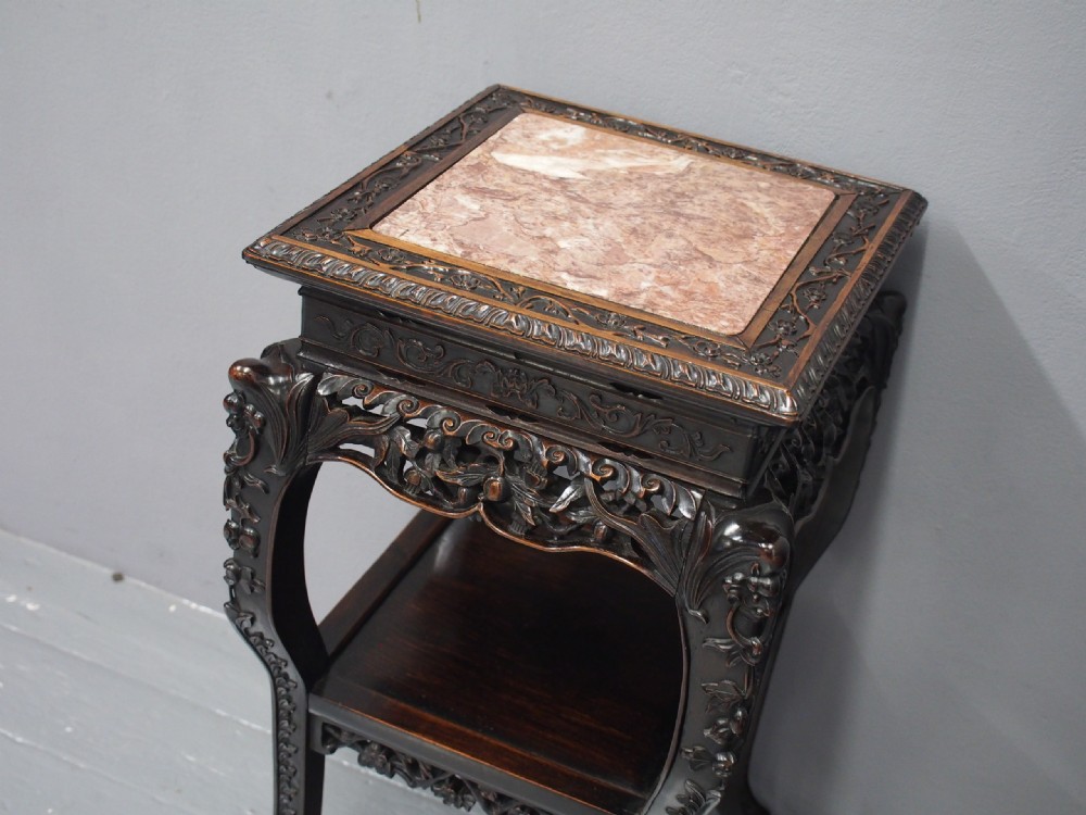 Chinese Carved Hardwood and Marble Plant Stand View III