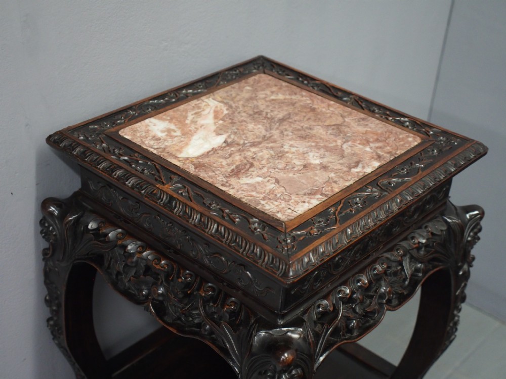 Chinese Carved Hardwood and Marble Plant Stand View VI