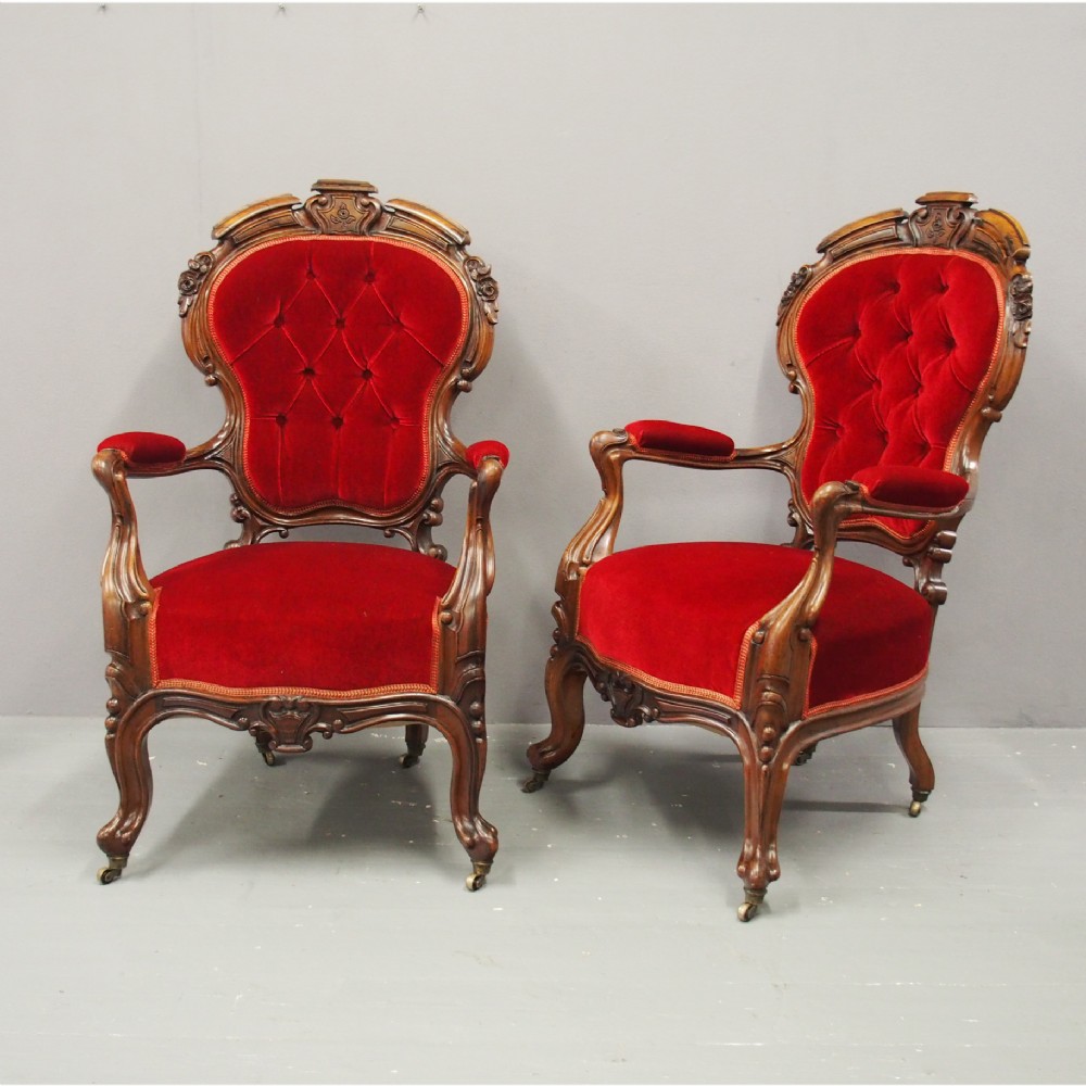 Pair of Victorian Walnut and Red Velvet Armchairs