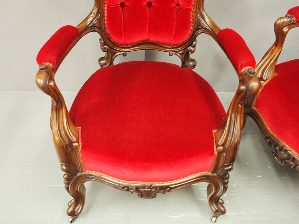 Pair of Victorian Walnut and Red Velvet Armchairs View IX