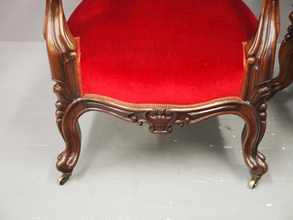 Pair of Victorian Walnut and Red Velvet Armchairs View XI